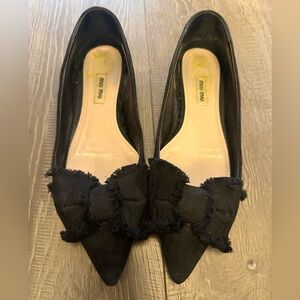 Miu Miu Black Pointed-Toe Flats with Frayed Bow